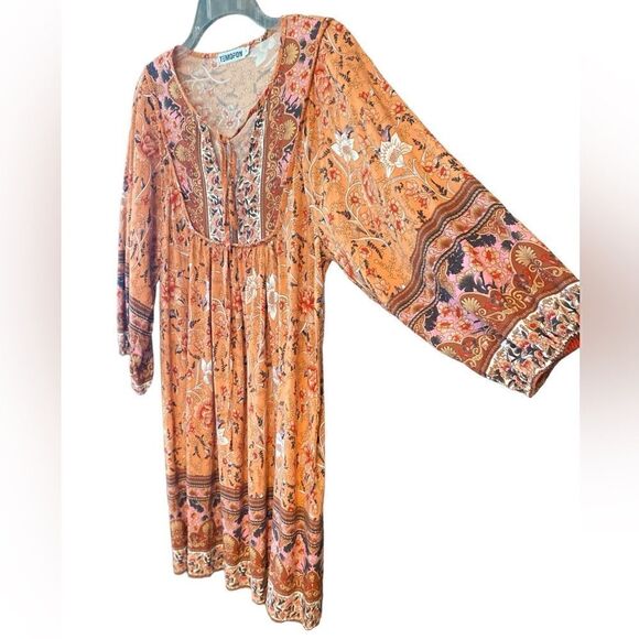 Boho Orange Floral Relaxed Flowy Peasant Sleeves Front Tie ‘60s Vibe Dress - Picture 3 of 8